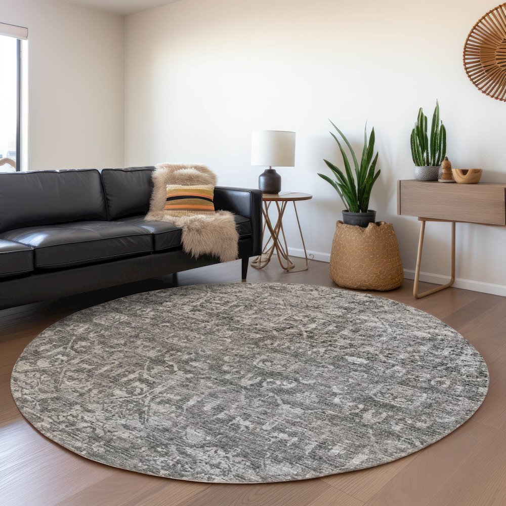 Premium Machine Washable Mayfield  Charcoal 8' x 8' Round Rug. Picture 5