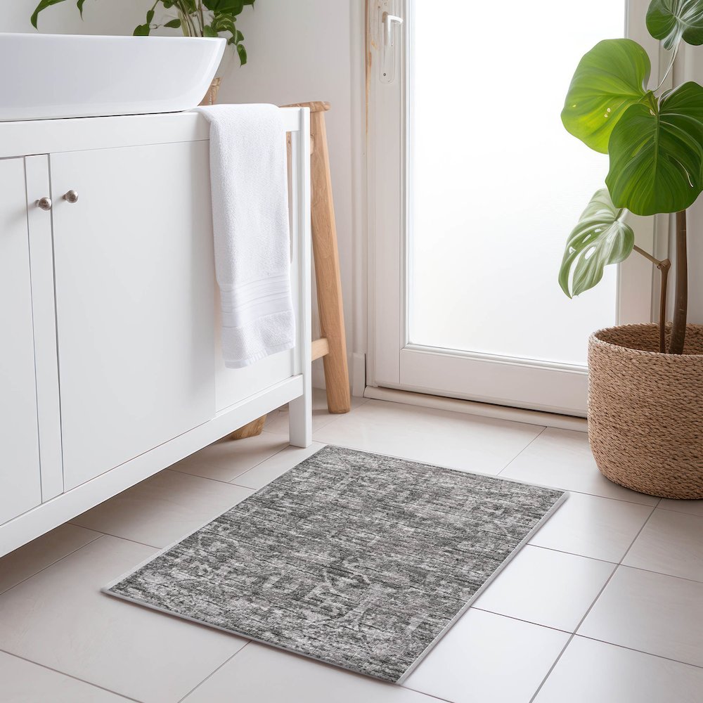 Premium Machine Washable Mayfield  Charcoal 1'8" x 2'6" Rug. Picture 5