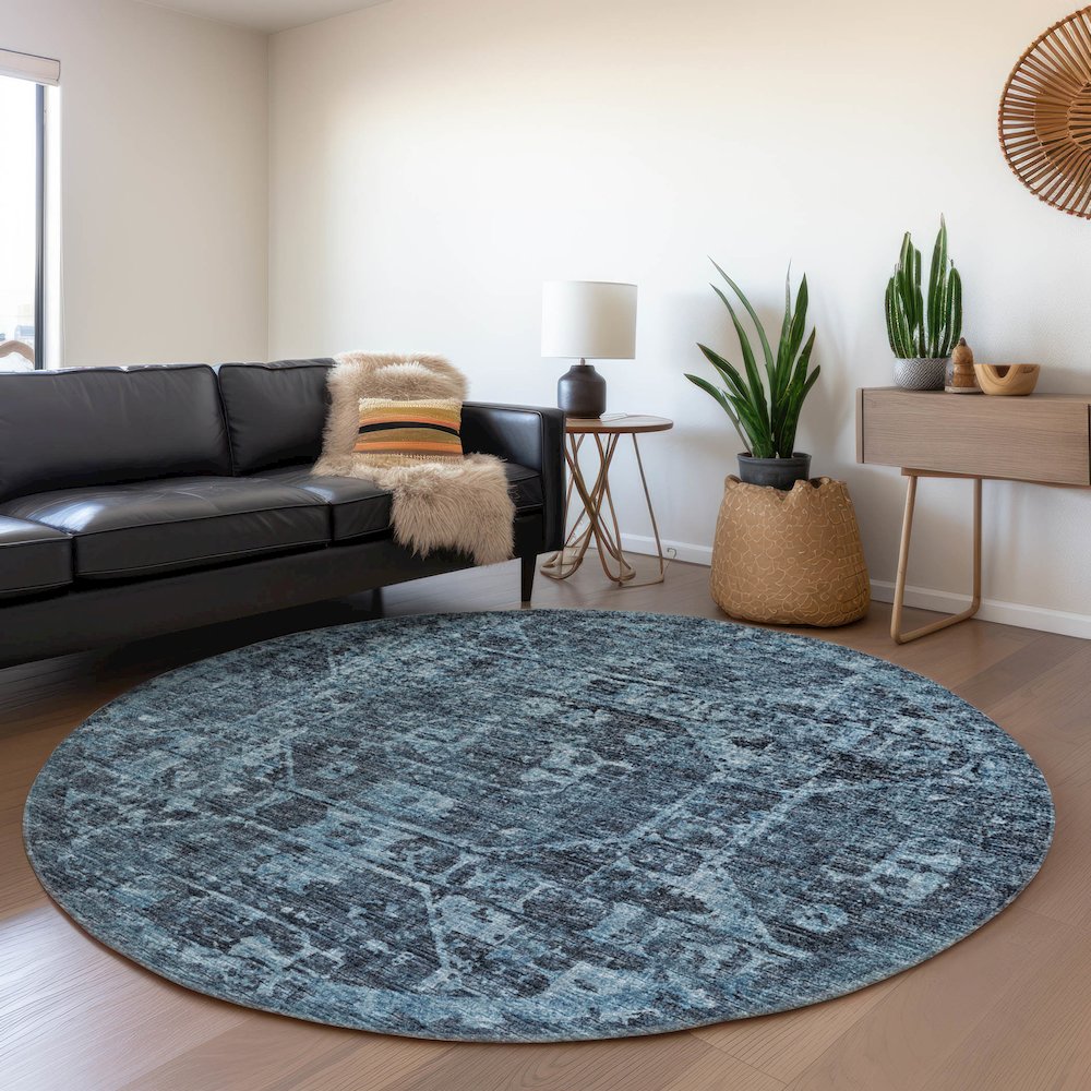 Premium Machine Washable Mayfield  Navy 8' x 8' Round Rug. Picture 5