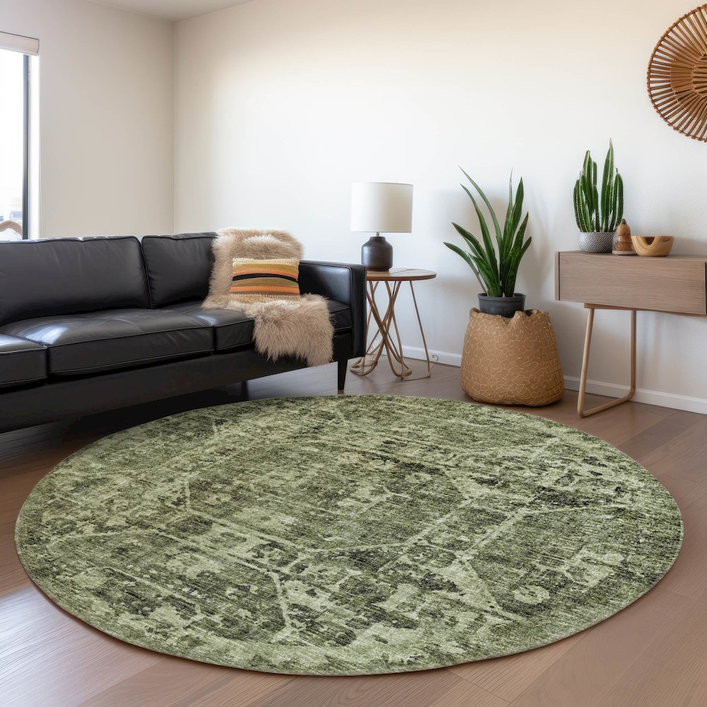 Premium Machine Washable Mayfield  Olive 8' x 8' Round Rug. Picture 5