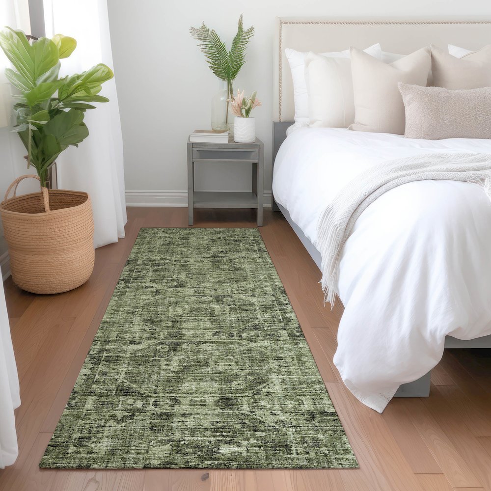 Premium Machine Washable Mayfield  Olive 2'3" x 7'6" Runner Rug. Picture 5