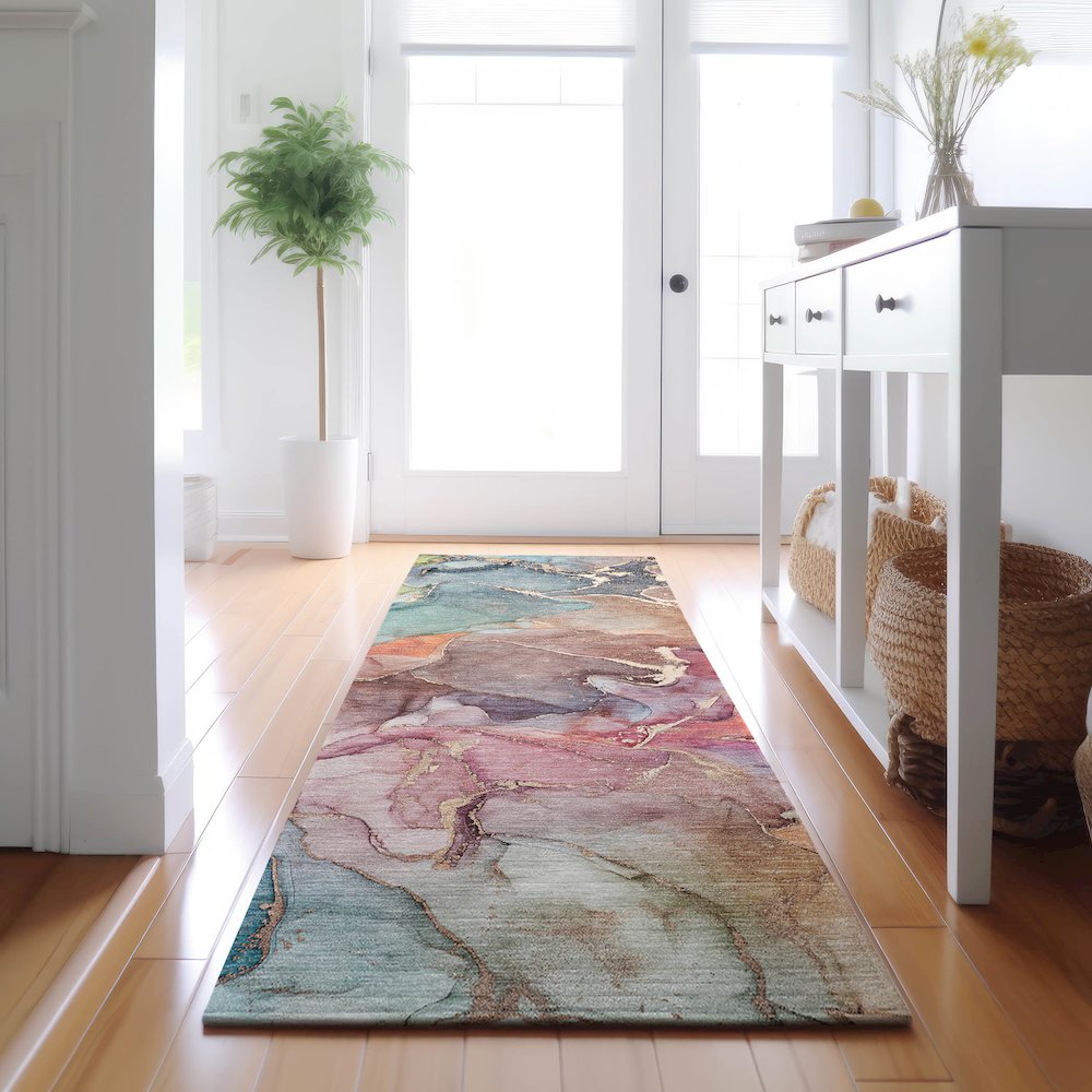 Premium Machine Washable Mayfield  Blue 2'3" x 7'6" Runner Rug. Picture 5