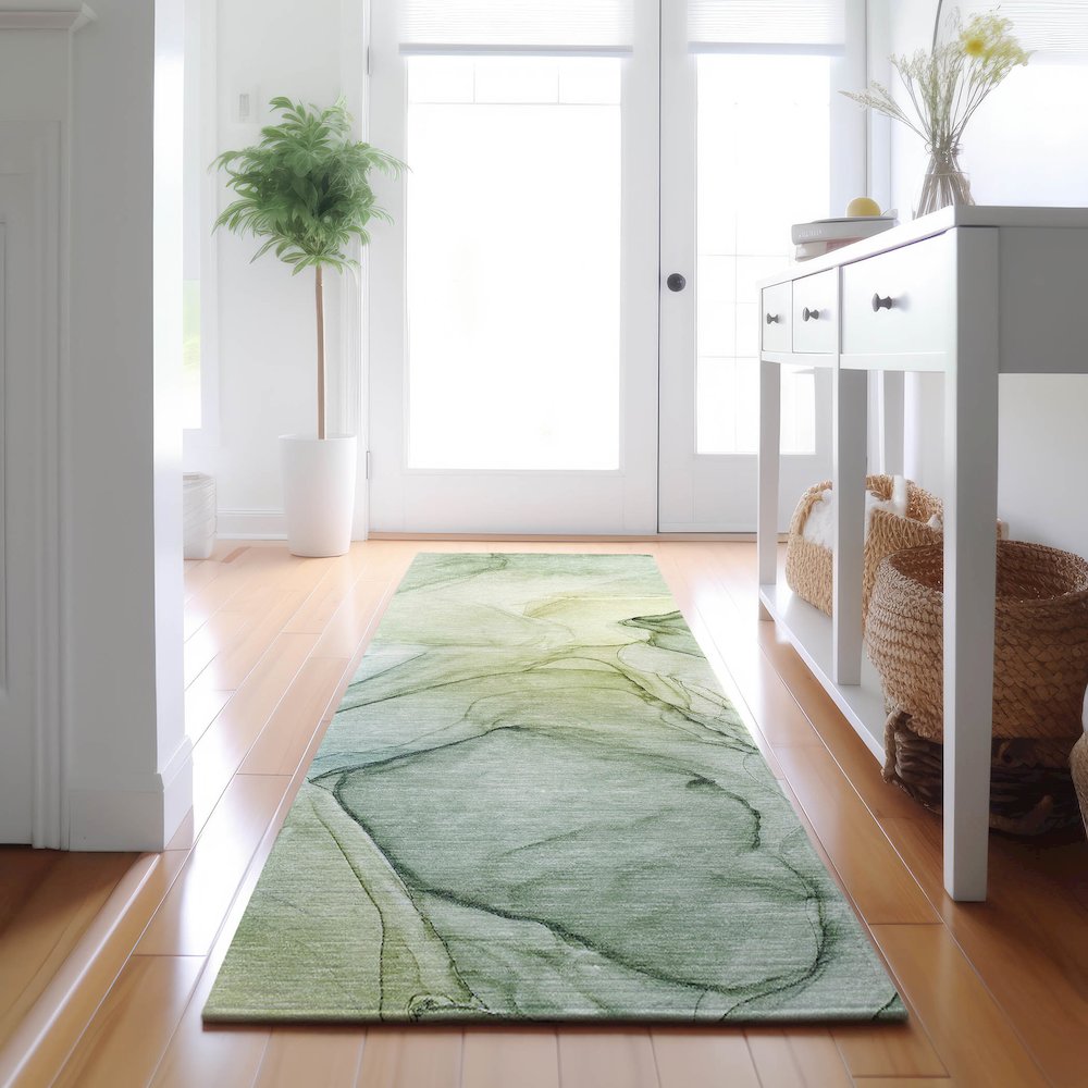 Premium Machine Washable Mayfield  Green 2'3" x 7'6" Runner Rug. Picture 5