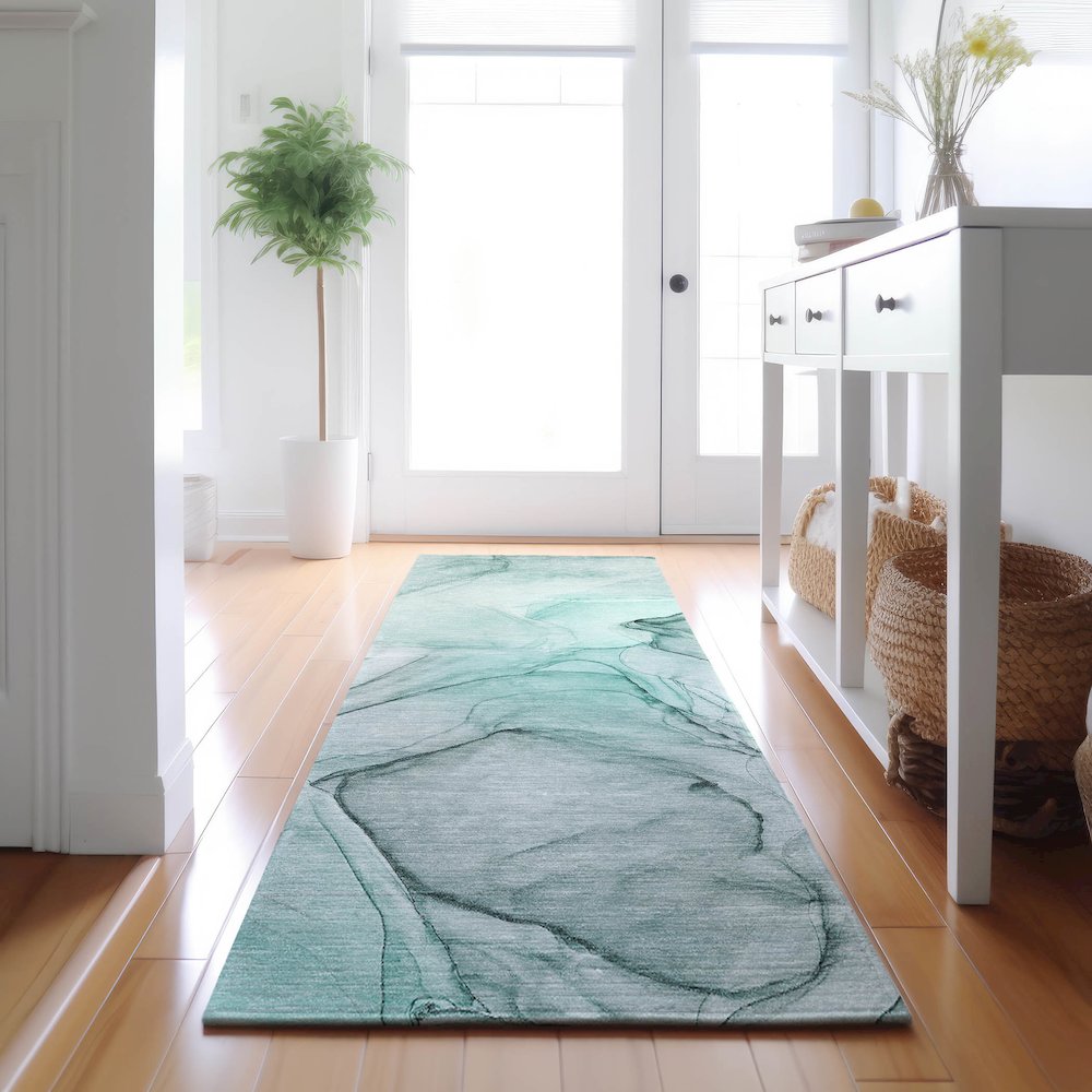 Premium Machine Washable Mayfield  Teal 2'3" x 7'6" Runner Rug. Picture 5