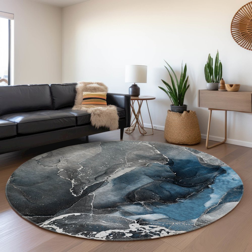 Premium Machine Washable Mayfield  Blue 8' x 8' Round Rug. Picture 5