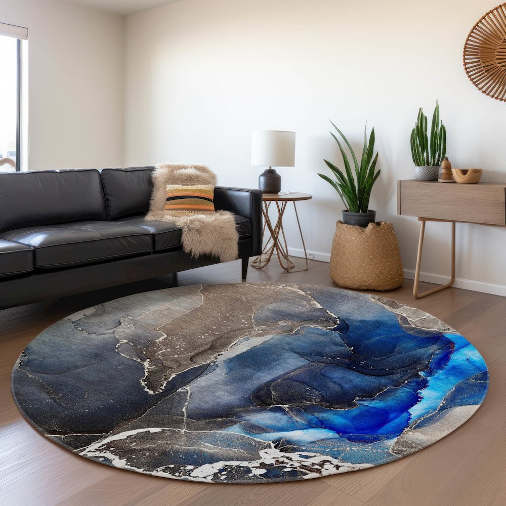 Premium Machine Washable Mayfield  Navy 8' x 8' Round Rug. Picture 5