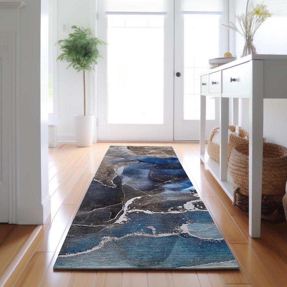 Premium Machine Washable Mayfield  Navy 2'3" x 7'6" Runner Rug. Picture 5