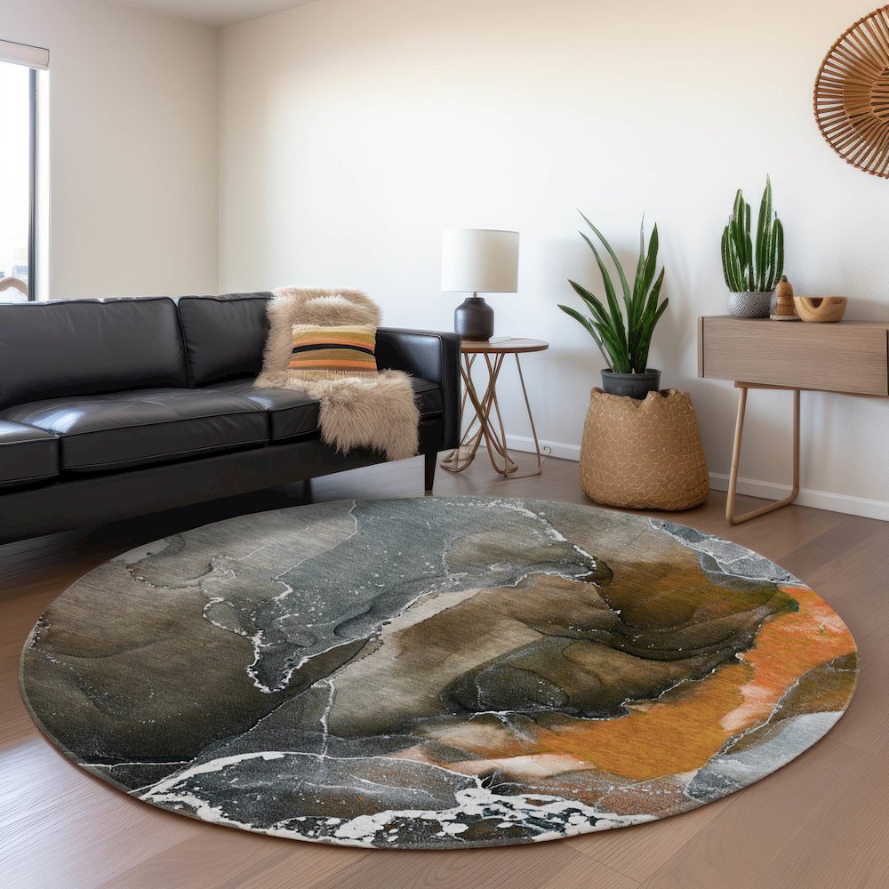 Premium Machine Washable Mayfield  Orange 8' x 8' Round Rug. Picture 5