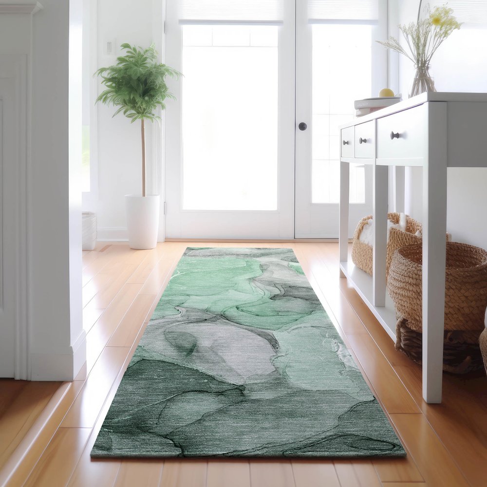 Premium Machine Washable Mayfield  Green 2'3" x 7'6" Runner Rug. Picture 5