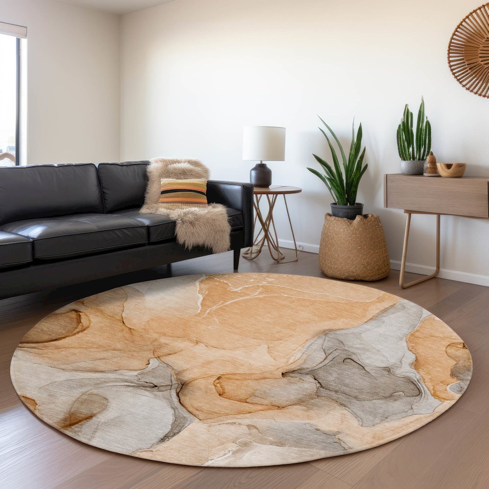 Premium Machine Washable Mayfield  Orange 8' x 8' Round Rug. Picture 5