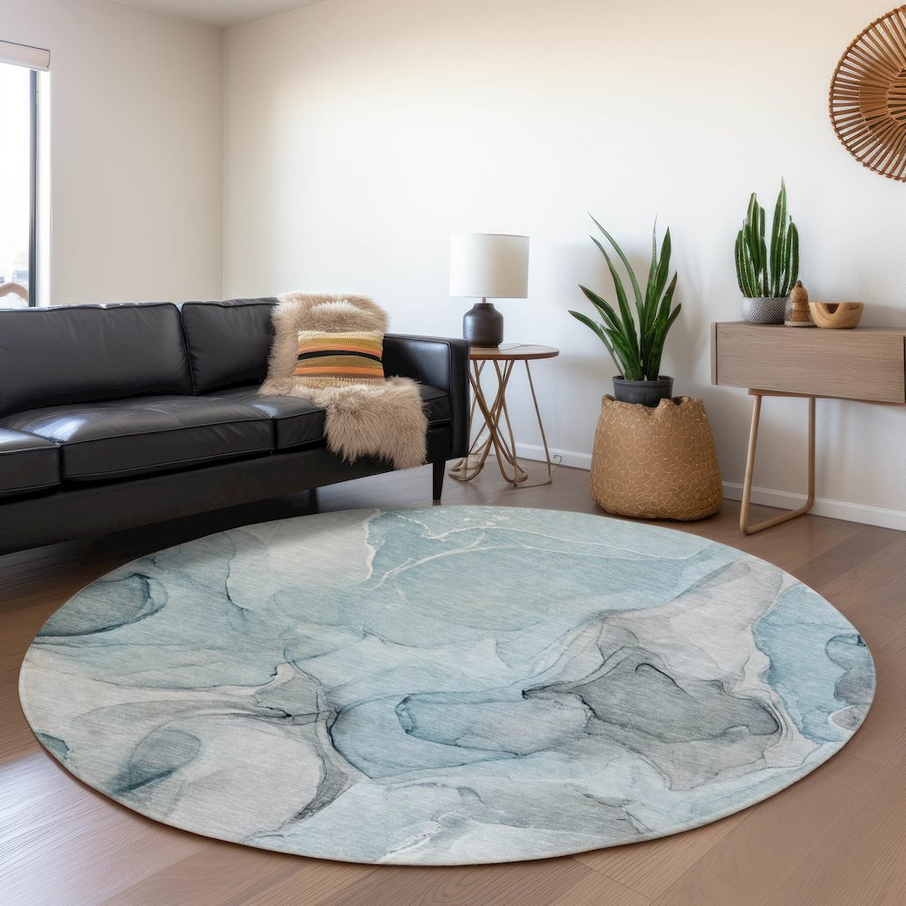Premium Machine Washable Mayfield  Teal 8' x 8' Round Rug. Picture 5
