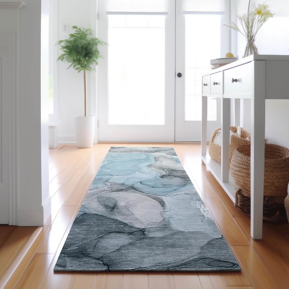 Premium Machine Washable Mayfield  Teal 2'3" x 7'6" Runner Rug. Picture 5