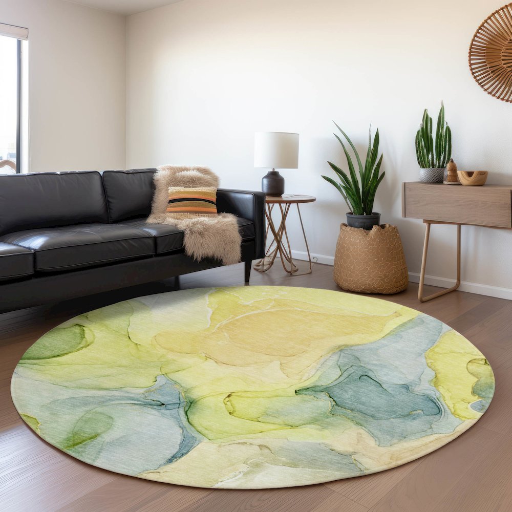 Premium Machine Washable Mayfield  Yellow 8' x 8' Round Rug. Picture 5