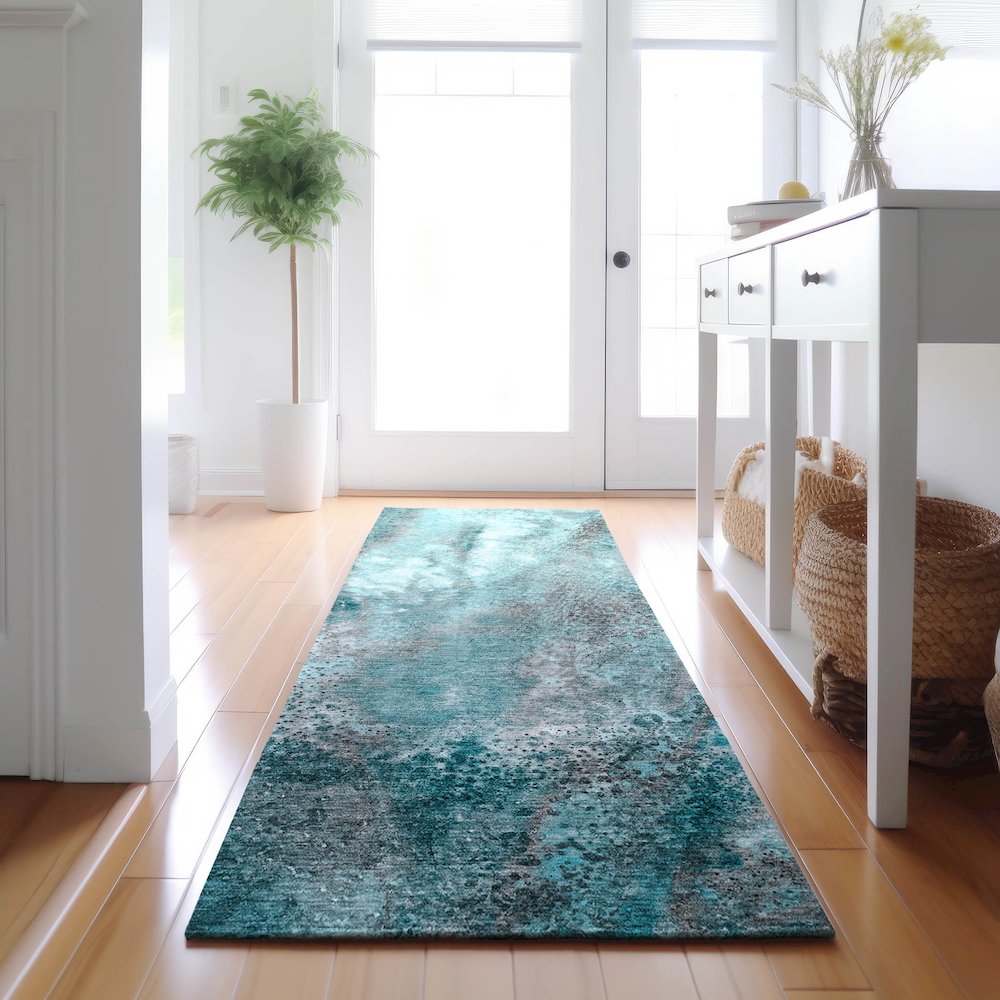 Premium Machine Washable Mayfield  Teal 2'3" x 7'6" Runner Rug. Picture 5