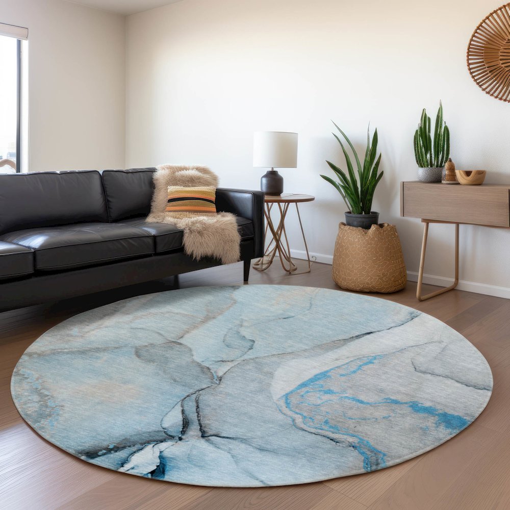 Premium Machine Washable Mayfield  Blue 8' x 8' Round Rug. Picture 5