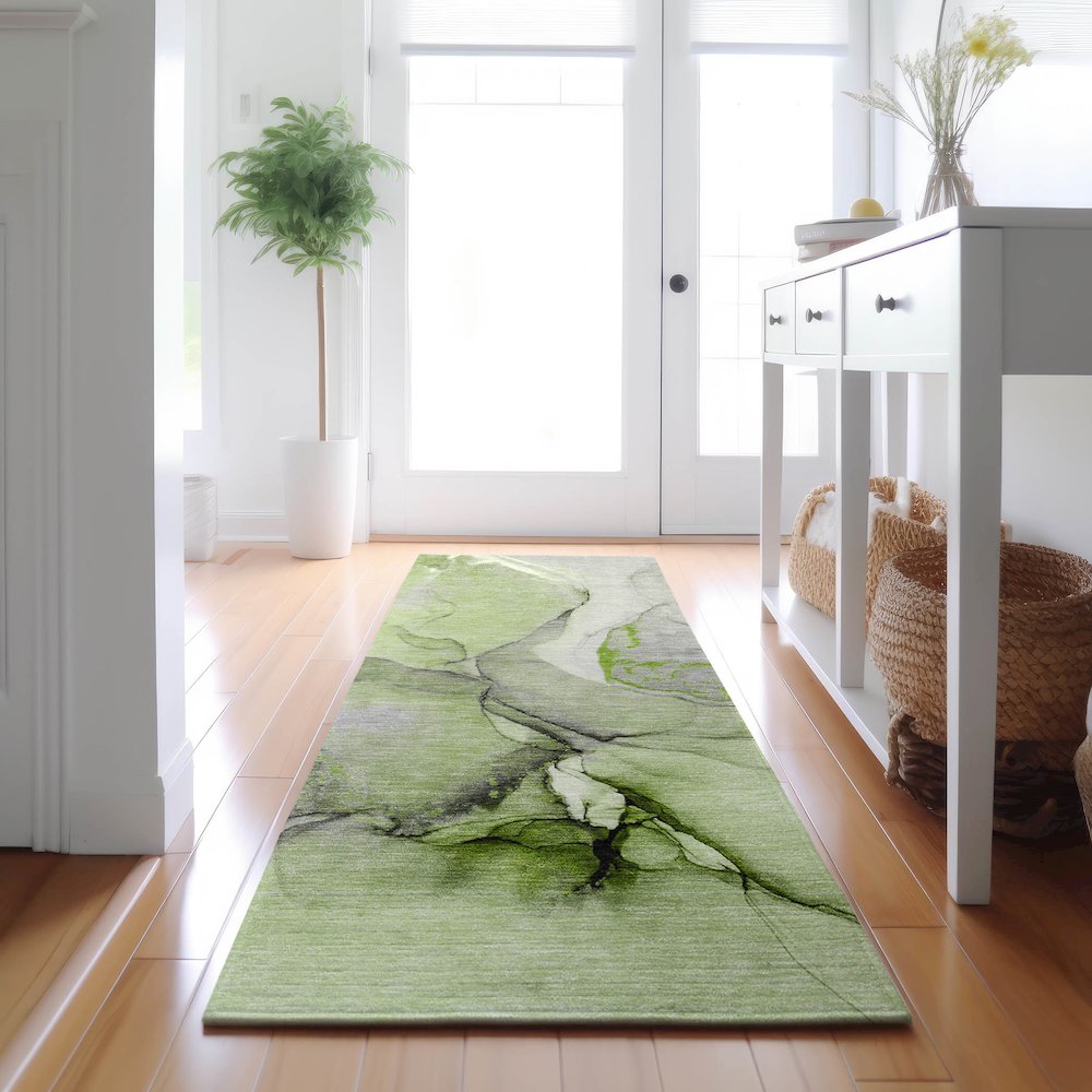Premium Machine Washable Mayfield  Green 2'3" x 7'6" Runner Rug. Picture 5