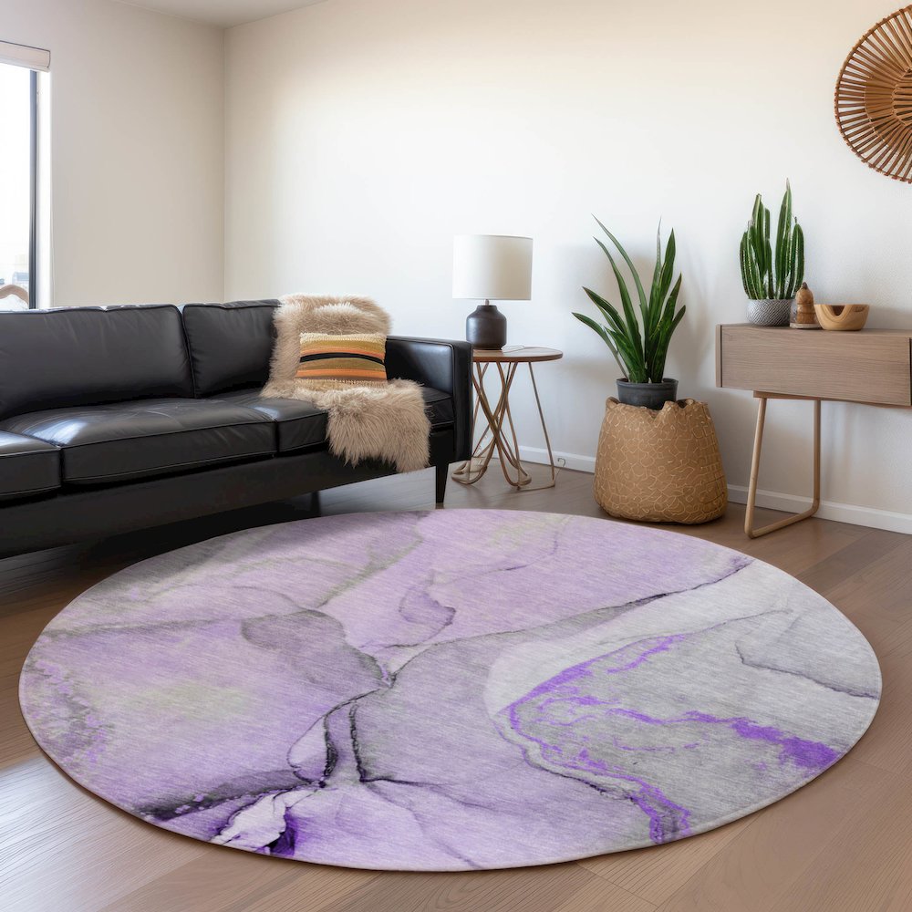 Premium Machine Washable Mayfield  Purple 8' x 8' Round Rug. Picture 5