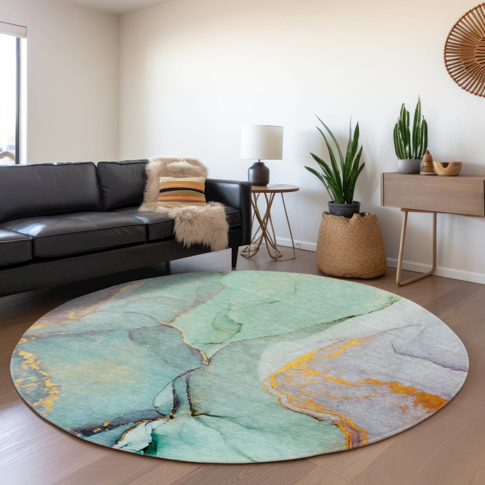 Premium Machine Washable Mayfield  Teal 8' x 8' Round Rug. Picture 5