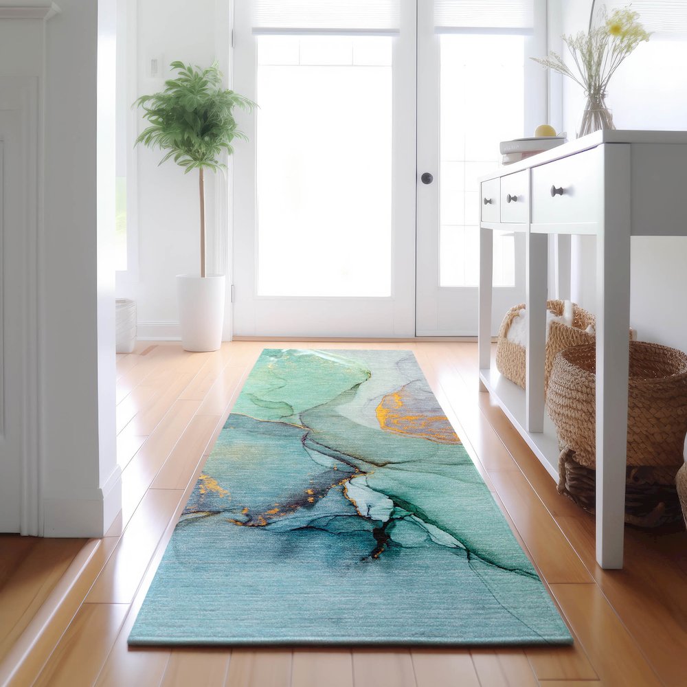 Premium Machine Washable Mayfield  Teal 2'3" x 7'6" Runner Rug. Picture 5