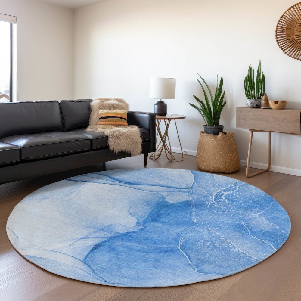 Premium Machine Washable Mayfield  Blue 8' x 8' Round Rug. Picture 5