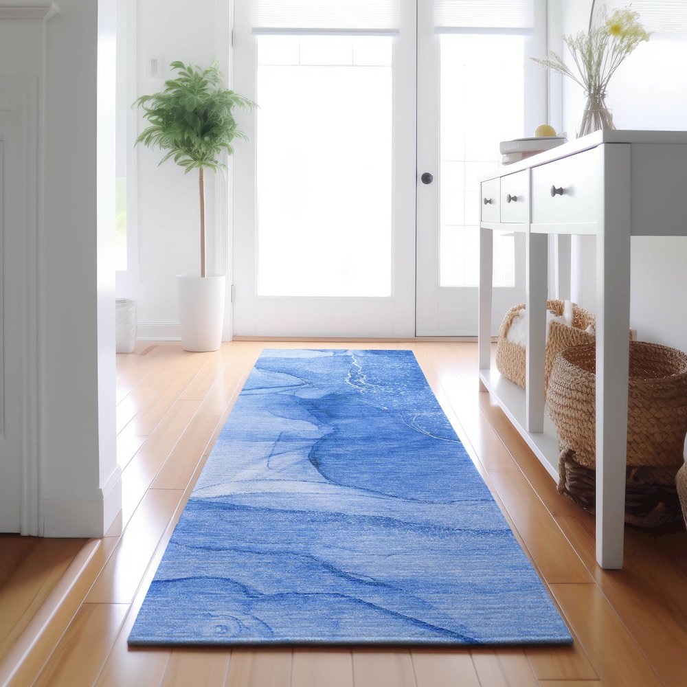 Premium Machine Washable Mayfield  Blue 2'3" x 7'6" Runner Rug. Picture 5