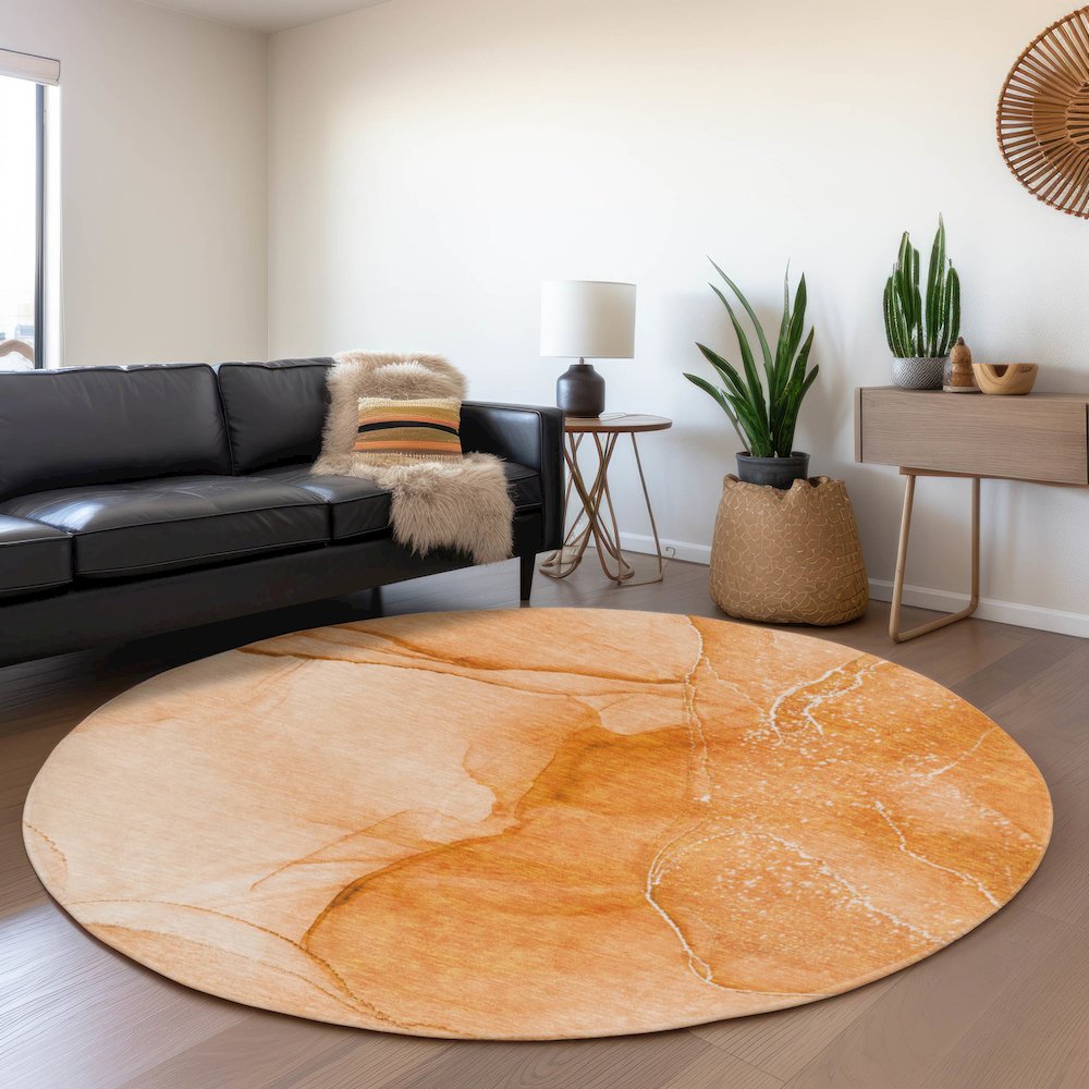 Premium Machine Washable Mayfield  Orange 8' x 8' Round Rug. Picture 5
