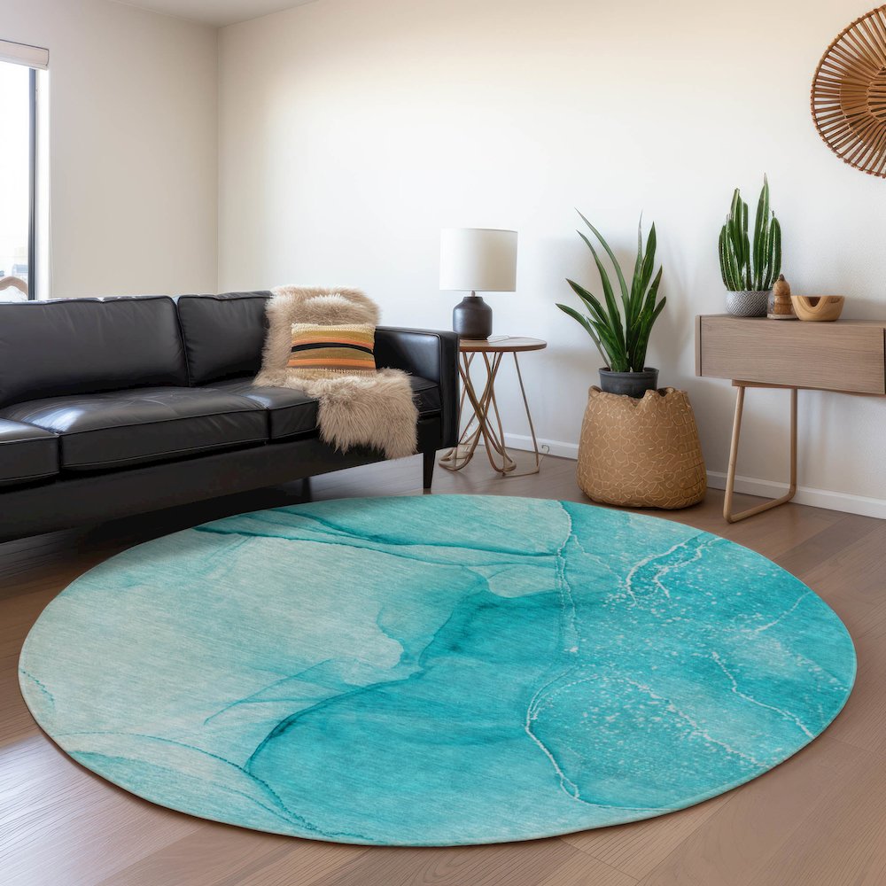 Premium Machine Washable Mayfield  Teal 8' x 8' Round Rug. Picture 5