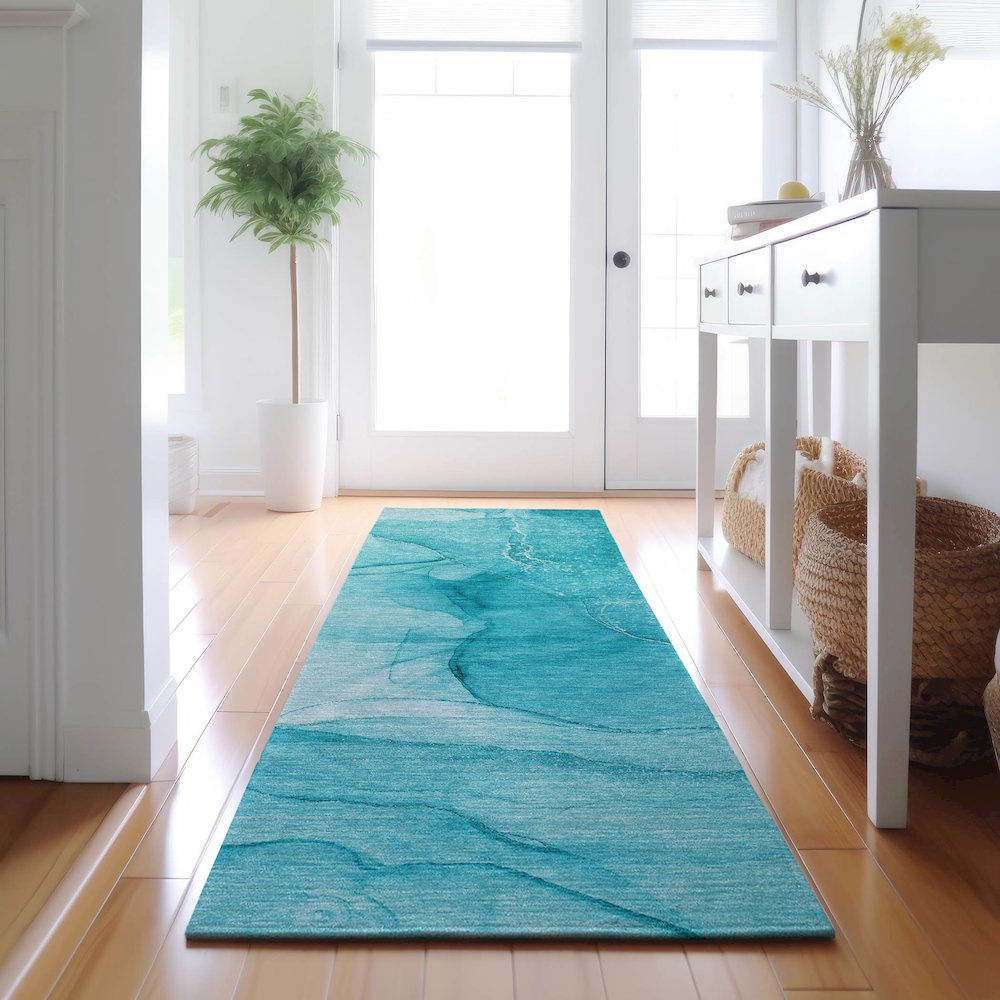 Premium Machine Washable Mayfield  Teal 2'3" x 7'6" Runner Rug. Picture 5