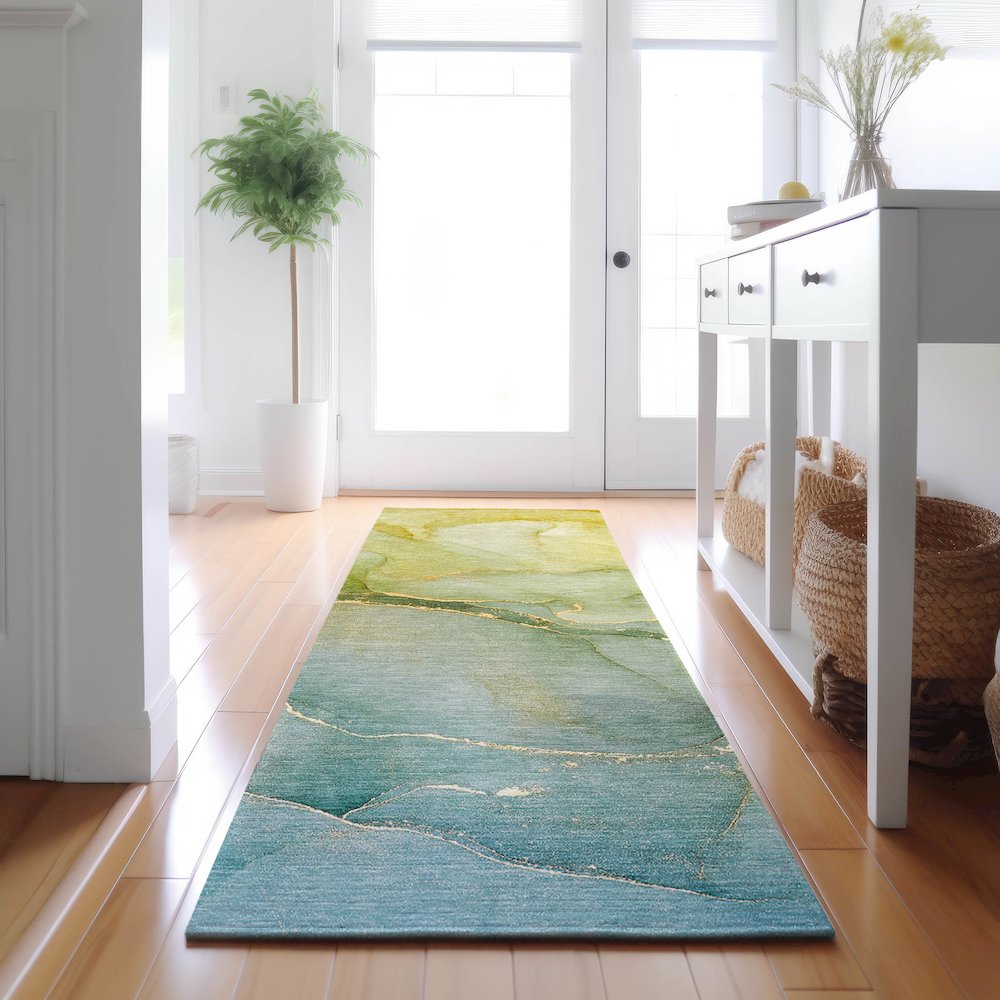 Premium Machine Washable Mayfield  Green 2'3" x 7'6" Runner Rug. Picture 5