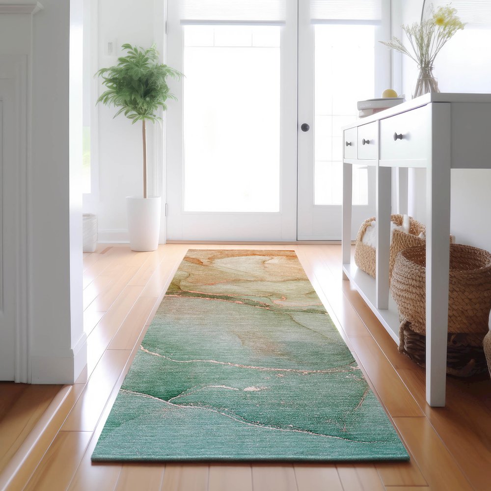 Premium Machine Washable Mayfield  Teal 2'3" x 7'6" Runner Rug. Picture 5