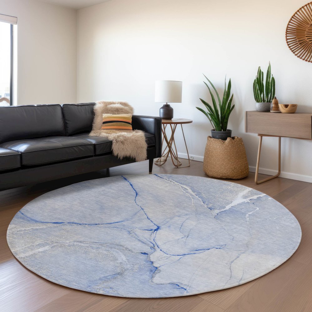 Premium Machine Washable Mayfield  Blue 8' x 8' Round Rug. Picture 5