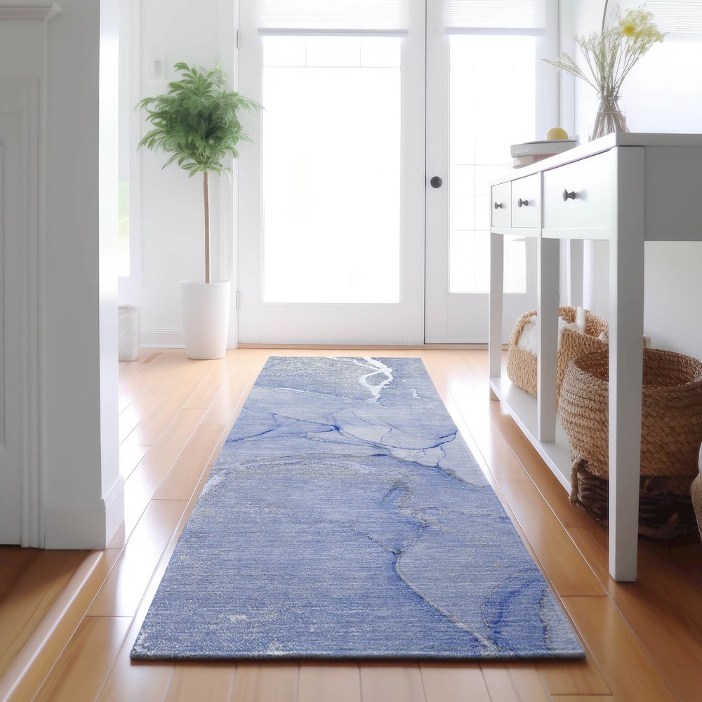 Premium Machine Washable Mayfield  Blue 2'3" x 7'6" Runner Rug. Picture 5