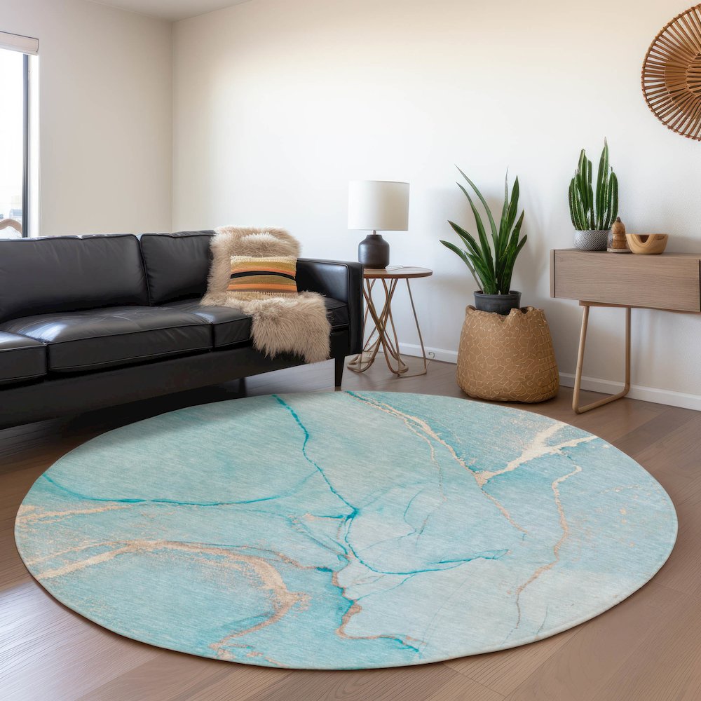 Premium Machine Washable Mayfield  Teal 8' x 8' Round Rug. Picture 5