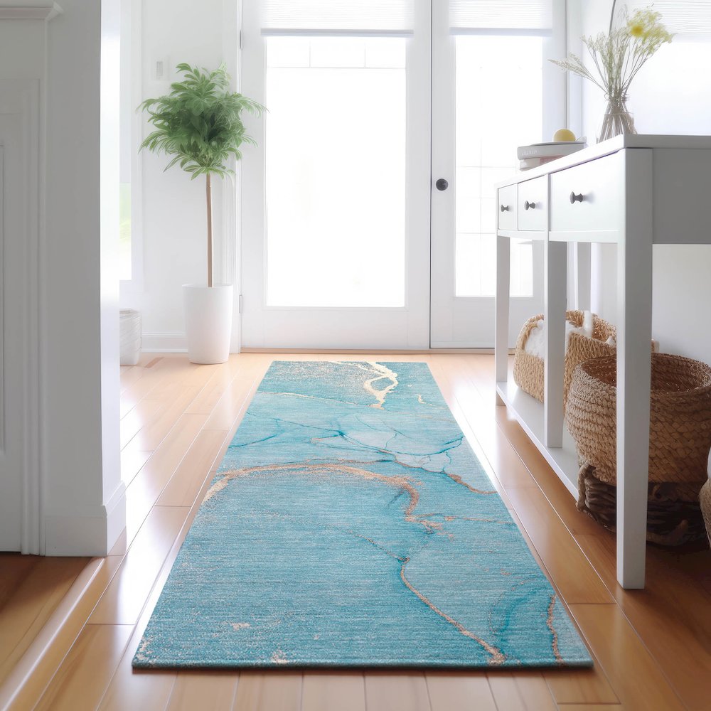Premium Machine Washable Mayfield  Teal 2'3" x 7'6" Runner Rug. Picture 5