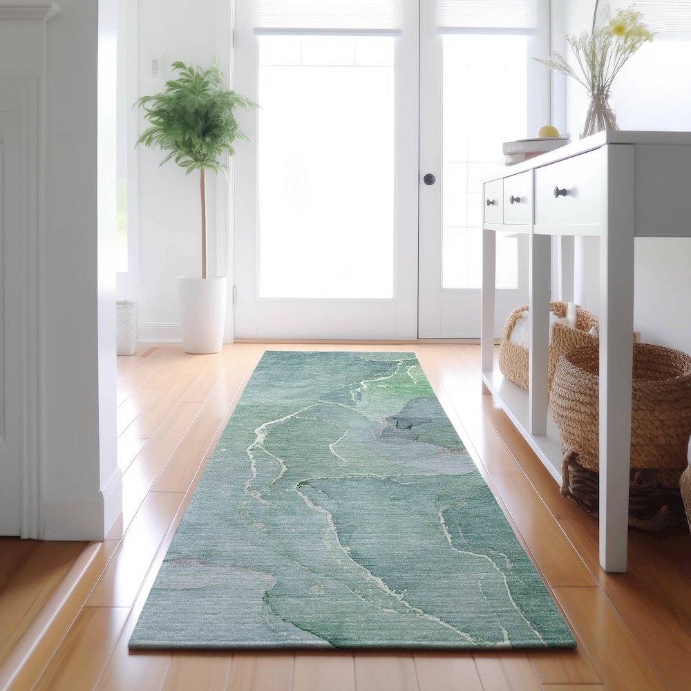 Premium Machine Washable Mayfield  Teal 2'3" x 7'6" Runner Rug. Picture 5