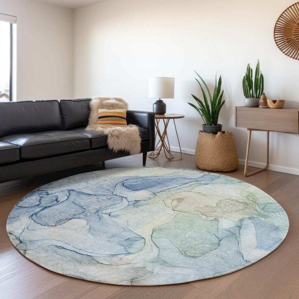 Premium Machine Washable Mayfield  Blue 8' x 8' Round Rug. Picture 5