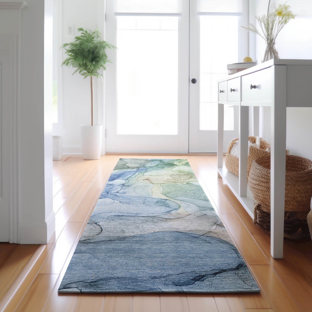 Premium Machine Washable Mayfield  Blue 2'3" x 7'6" Runner Rug. Picture 5