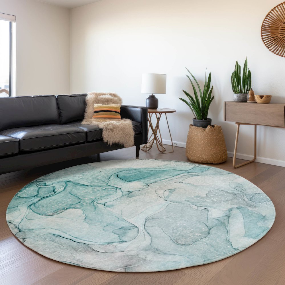 Premium Machine Washable Mayfield  Teal 8' x 8' Round Rug. Picture 5
