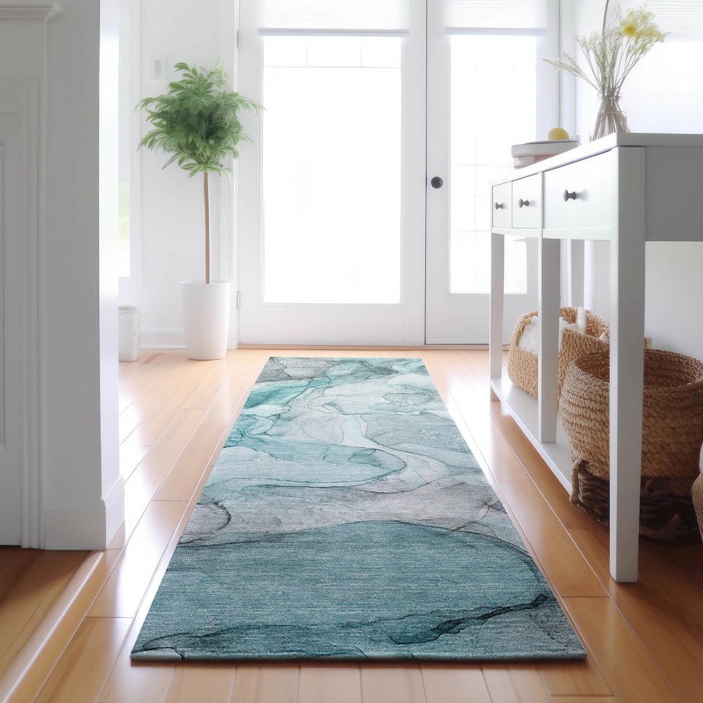 Premium Machine Washable Mayfield  Teal 2'3" x 7'6" Runner Rug. Picture 5