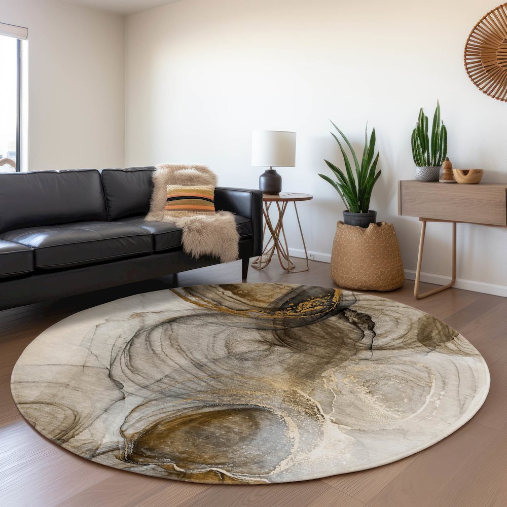 Premium Machine Washable Mayfield  Brown 8' x 8' Round Rug. Picture 5