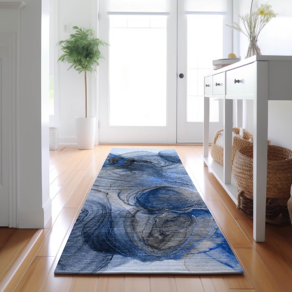 Premium Machine Washable Mayfield  Navy 2'3" x 7'6" Runner Rug. Picture 5