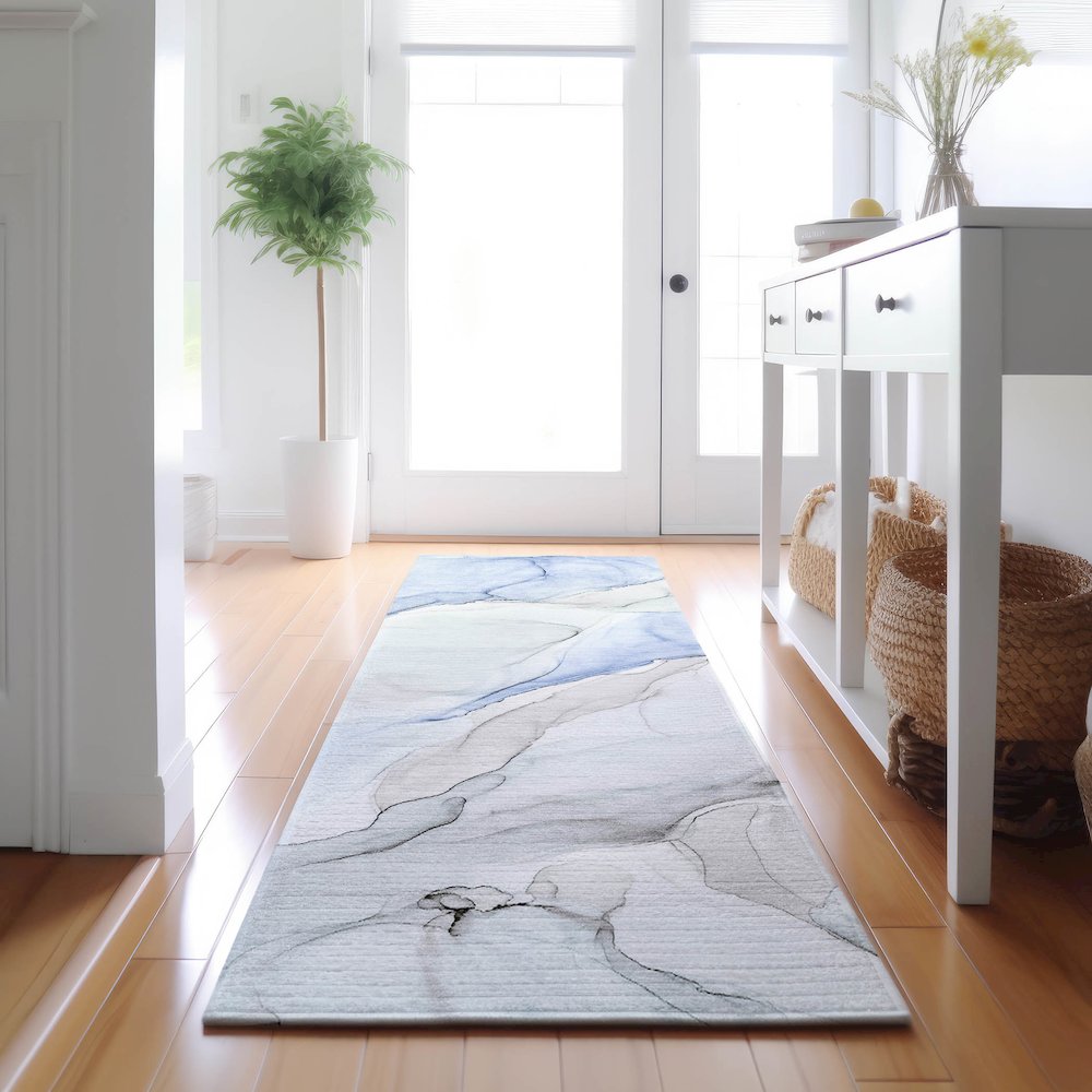 Premium Machine Washable Mayfield  Blue 2'3" x 7'6" Runner Rug. Picture 5