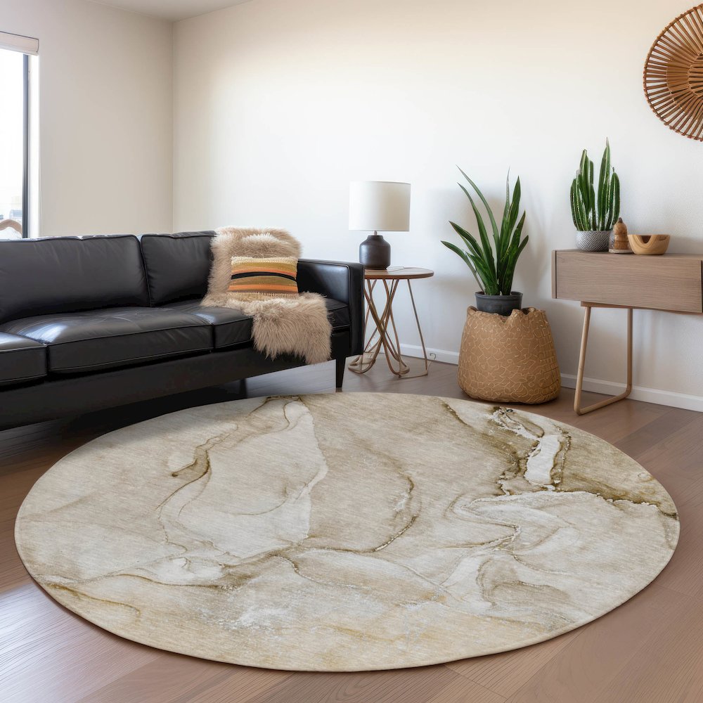 Premium Machine Washable Mayfield  Brown 8' x 8' Round Rug. Picture 5