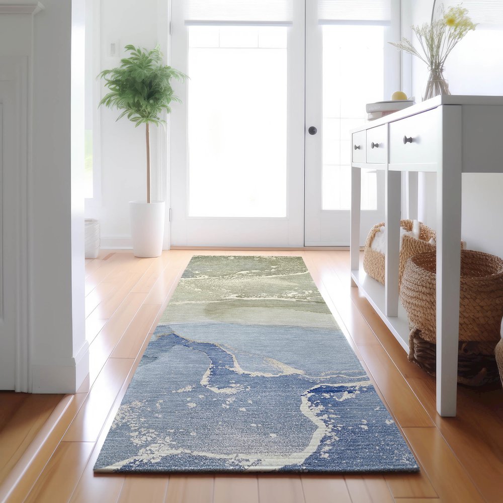 Premium Machine Washable Mayfield  Blue 2'3" x 7'6" Runner Rug. Picture 5
