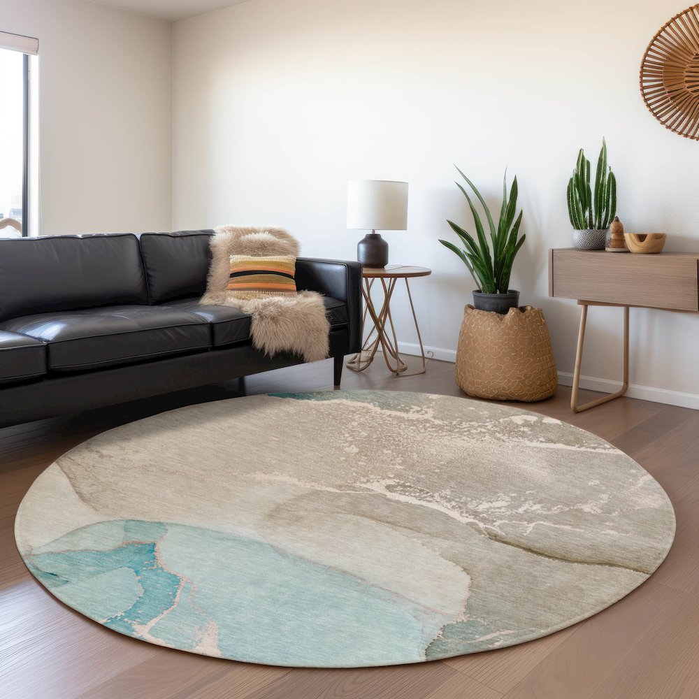 Premium Machine Washable Mayfield  Teal 8' x 8' Round Rug. Picture 5