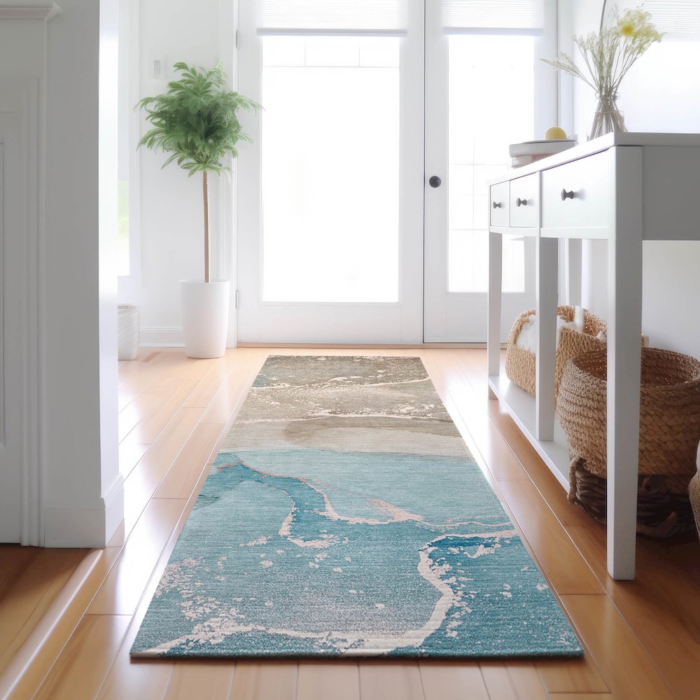 Premium Machine Washable Mayfield  Teal 2'3" x 7'6" Runner Rug. Picture 5