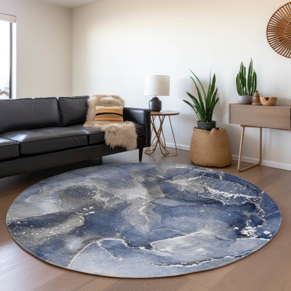 Premium Machine Washable Mayfield  Navy 8' x 8' Round Rug. Picture 5