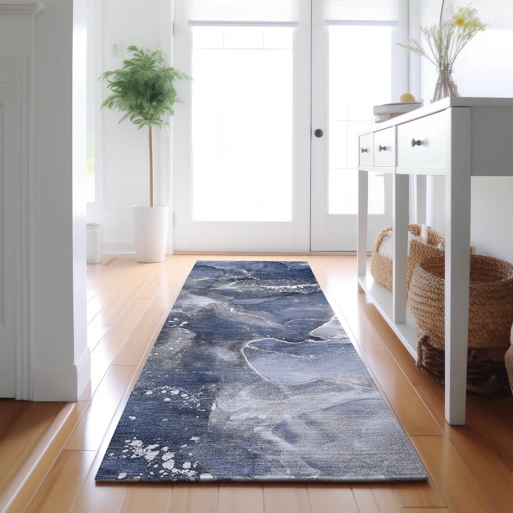 Premium Machine Washable Mayfield  Navy 2'3" x 7'6" Runner Rug. Picture 5