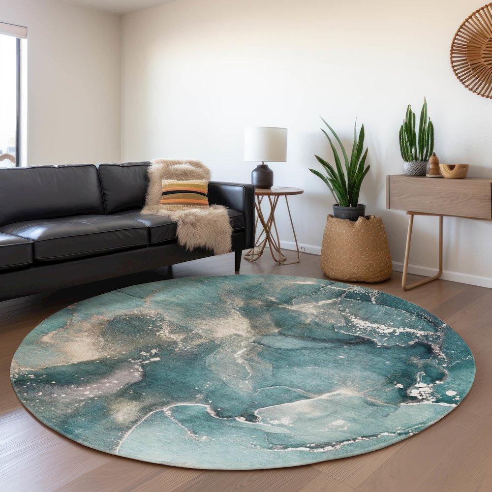 Premium Machine Washable Mayfield  Teal 8' x 8' Round Rug. Picture 5