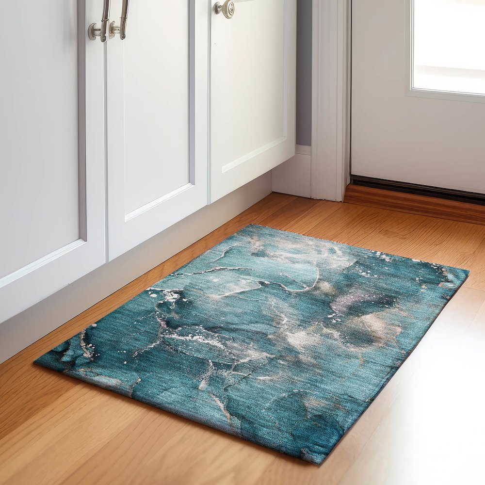 Premium Machine Washable Mayfield  Teal 1'8" x 2'6" Rug. Picture 5